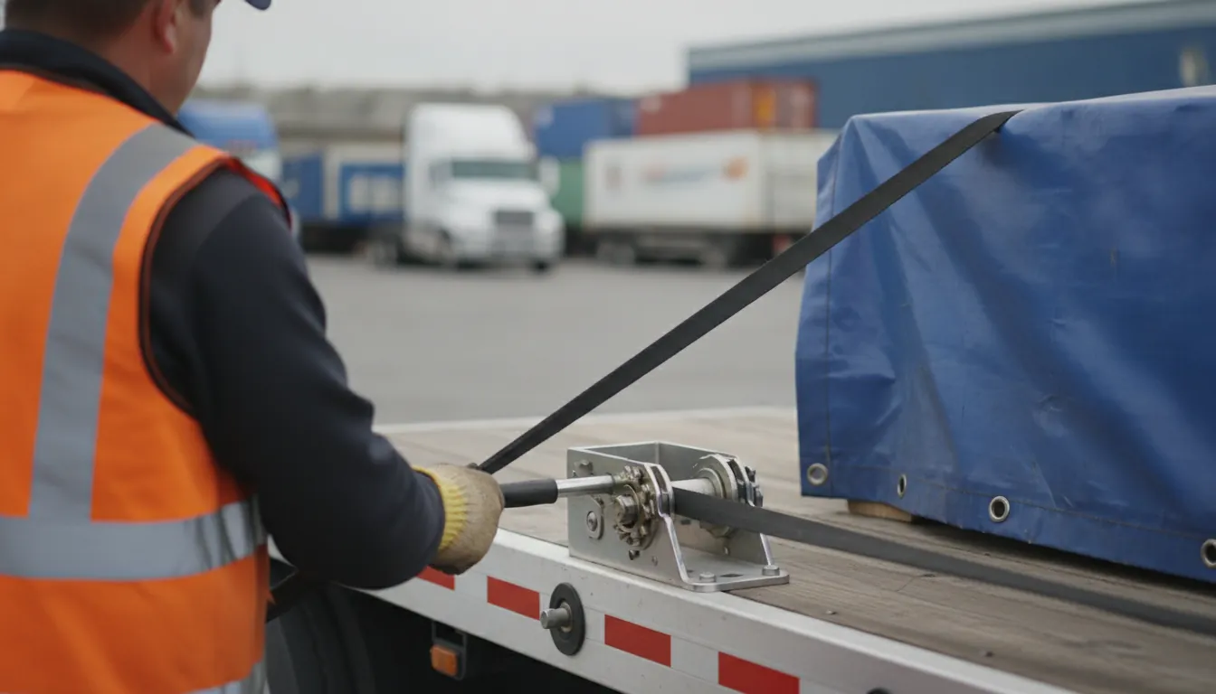 Driver tightening a winch strap over a tarped load on a flatbed trailer