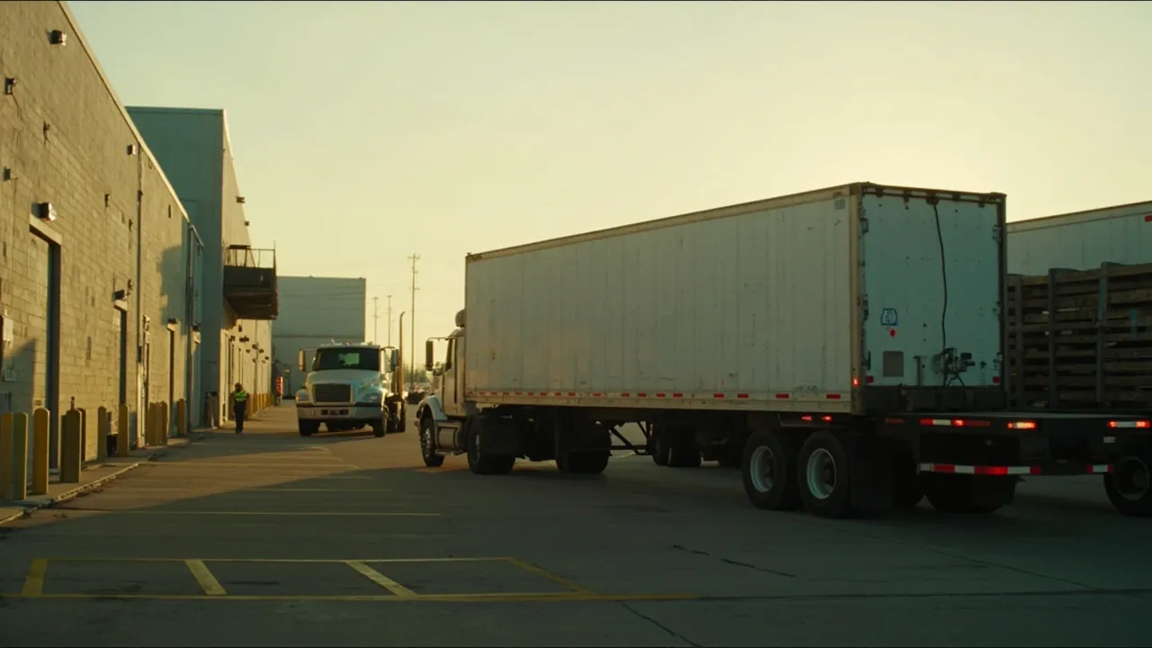 A white box trailer backed to a loading dock beside a flatbed at an American freight terminal in low evening sun