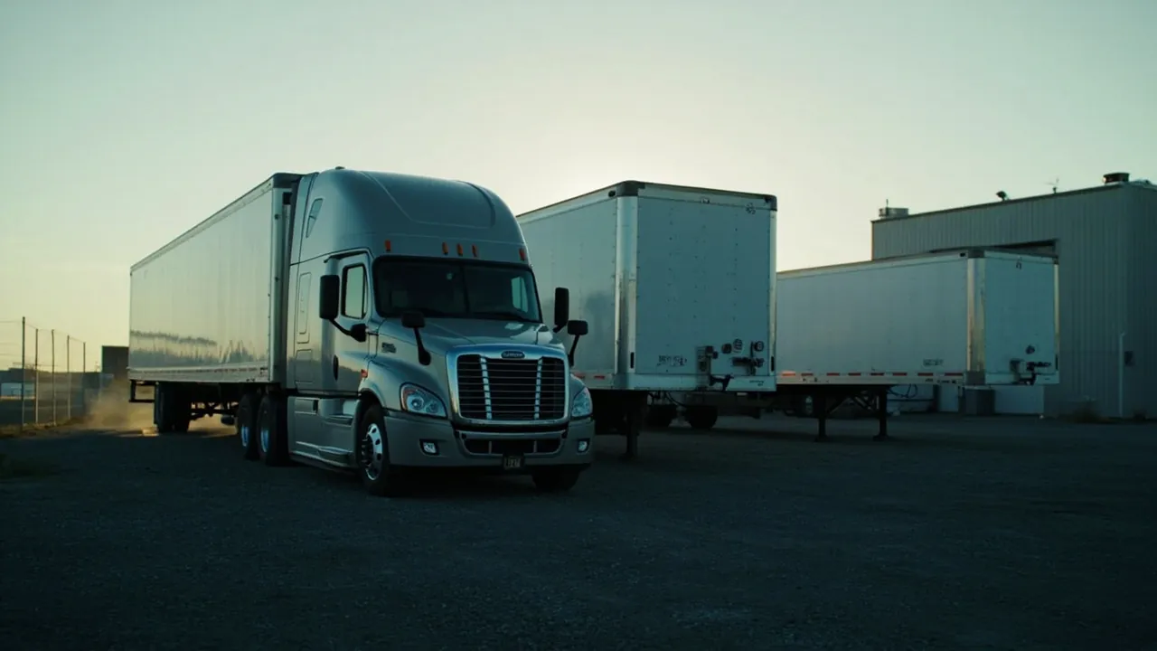 Semi tractor beside dropped dry van trailers at a shipper's yard