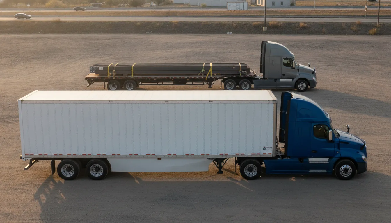 A dry van and a flatbed tractor-trailer parked side by side in a freight yard