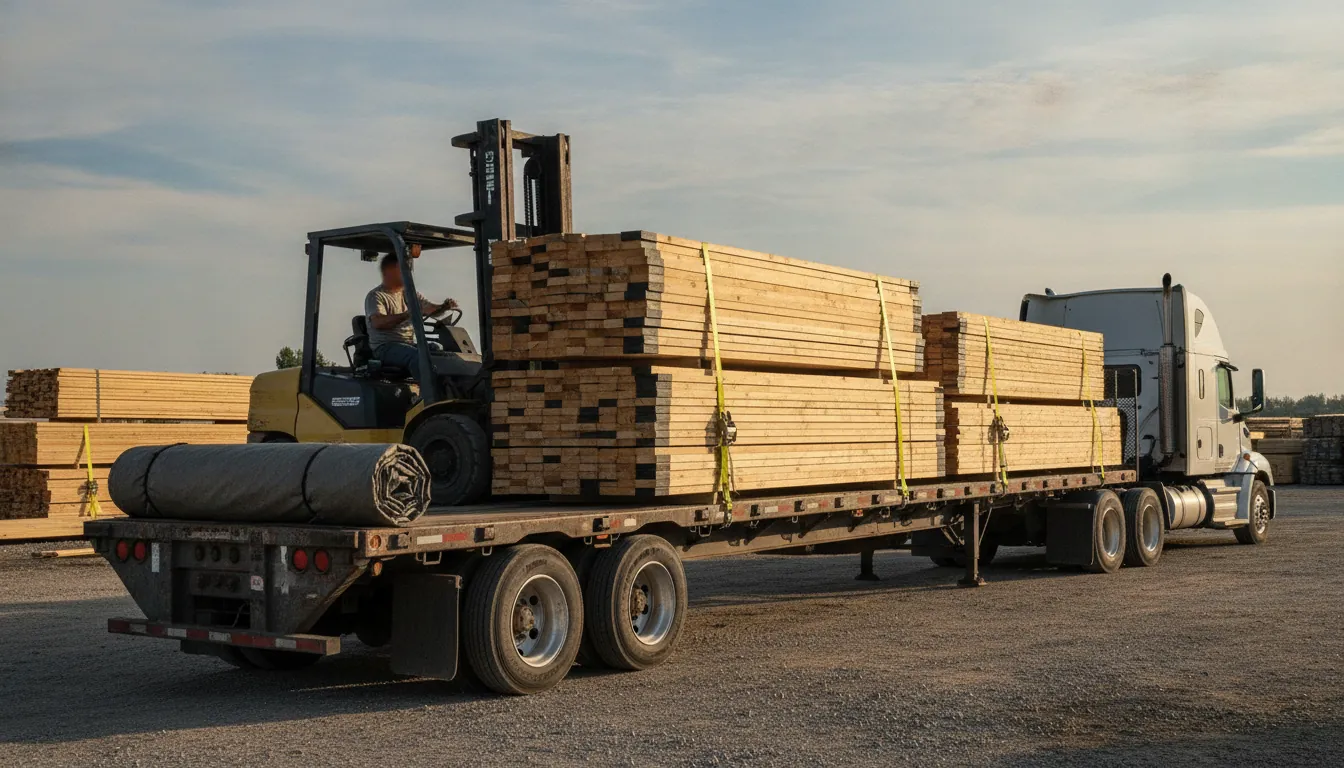 Forklift loading bundled lumber onto a flatbed trailer, with straps and a rolled tarp