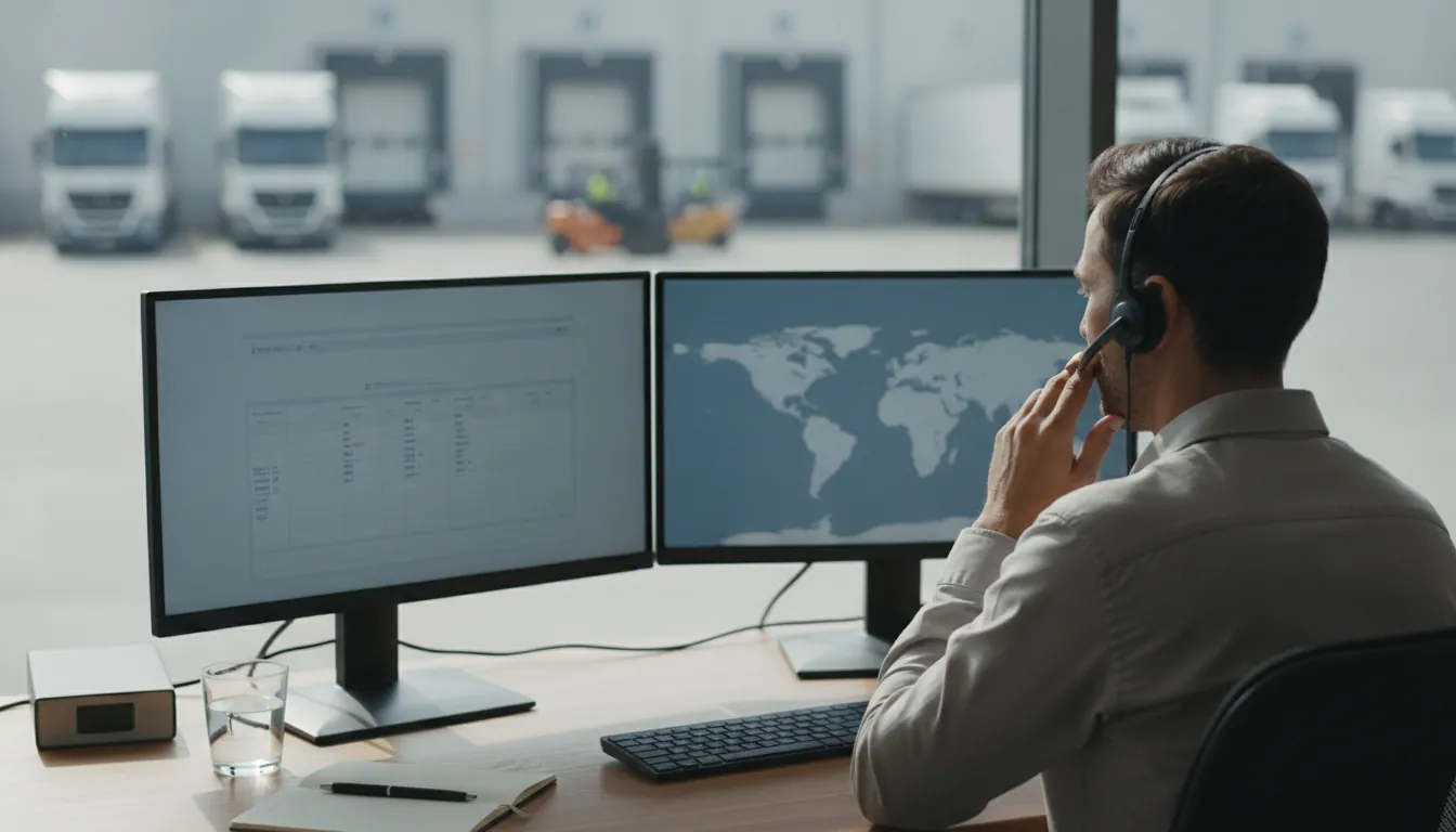 Freight broker on a headset at two monitors, with trucks at the dock outside