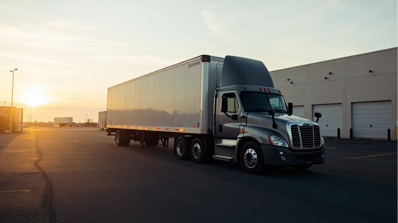Day cab tractor with a 53-foot dry van trailer at a warehouse