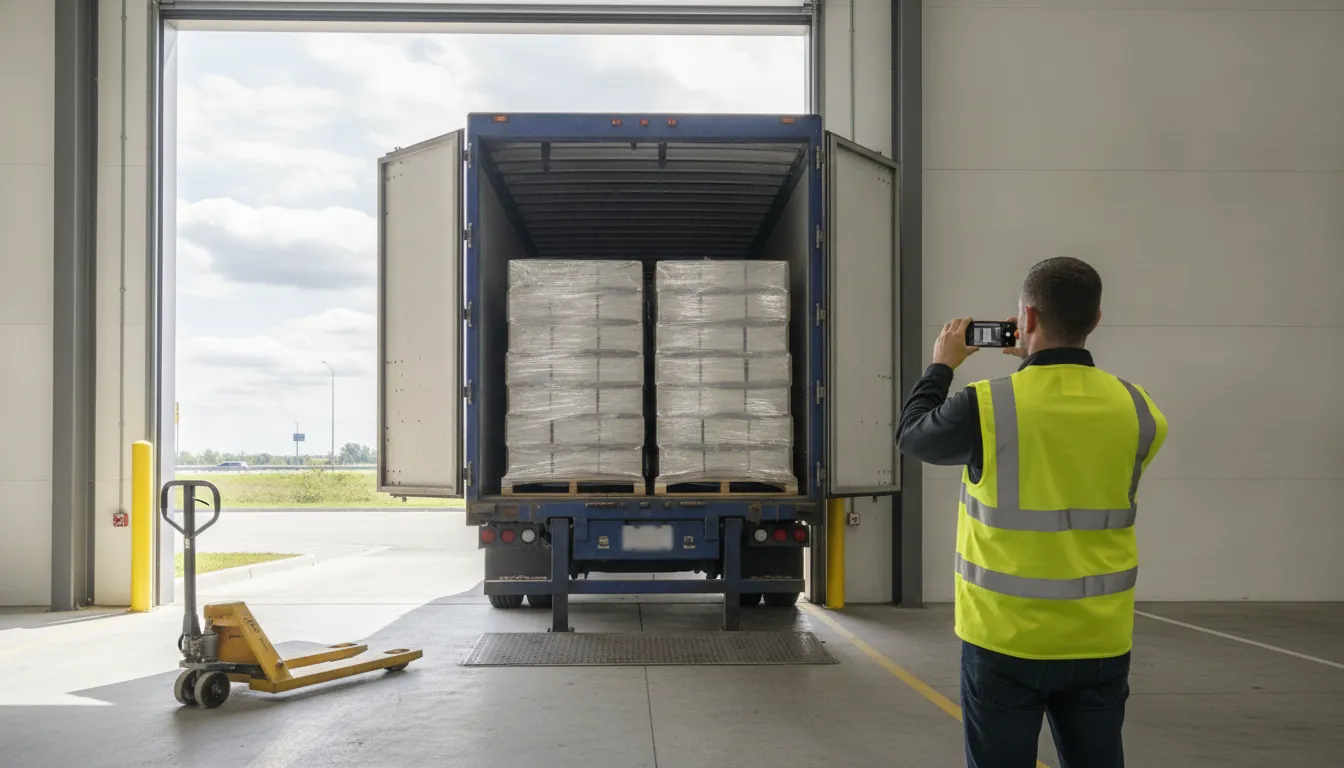 Dock worker photographing shrink-wrapped pallets before loading a dry van