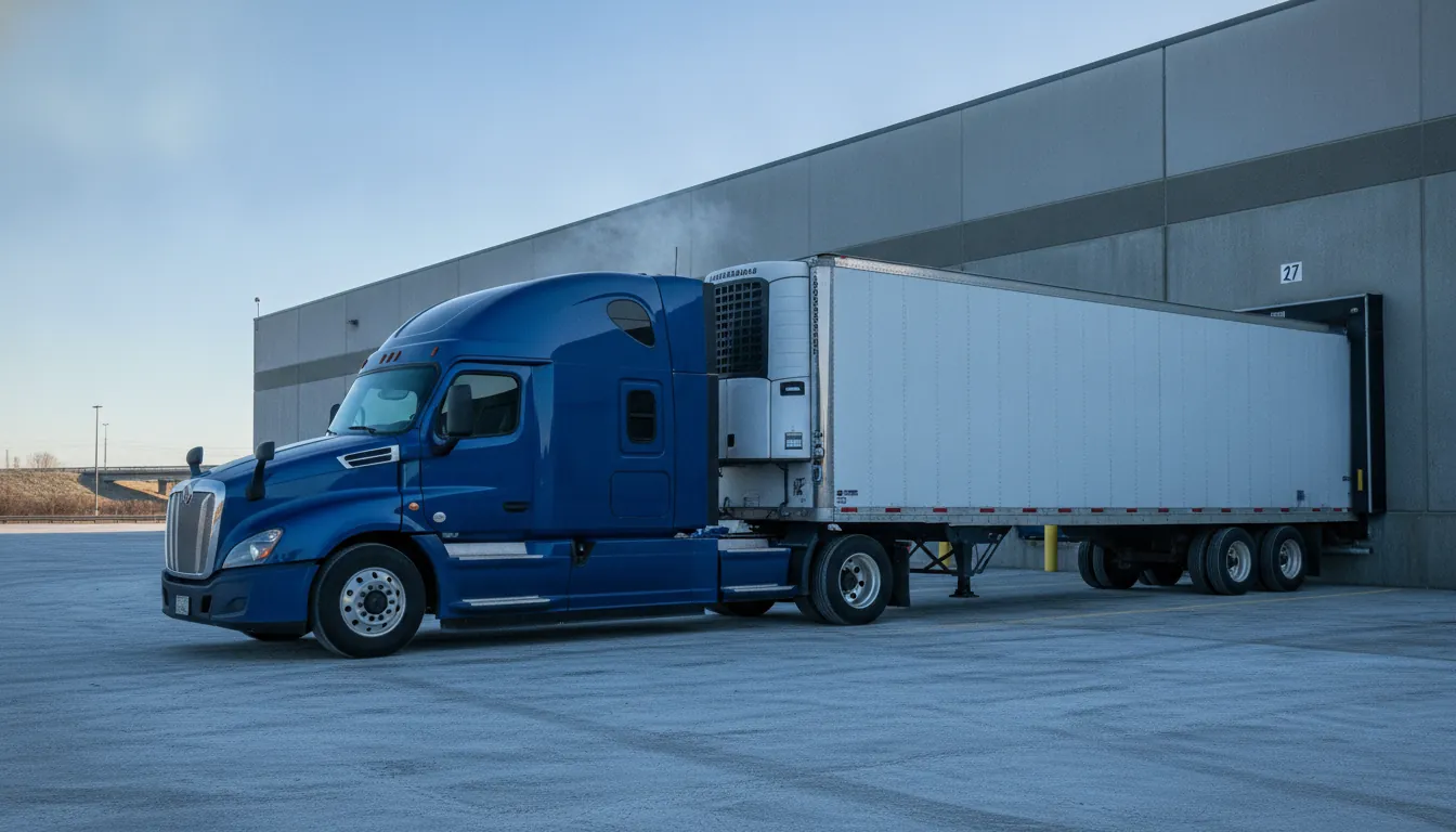 Refrigerated trailer at a cold-storage warehouse dock in early morning light