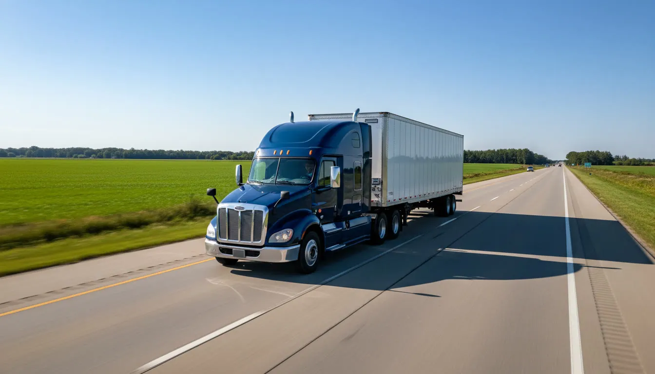 Semi truck pulling a 53-foot dry van trailer down the highway