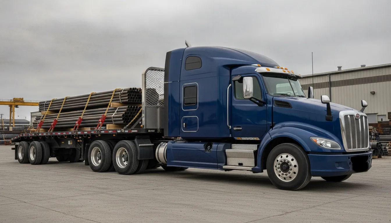 Flatbed trailer loaded with bundled steel pipe, secured with straps and binders
