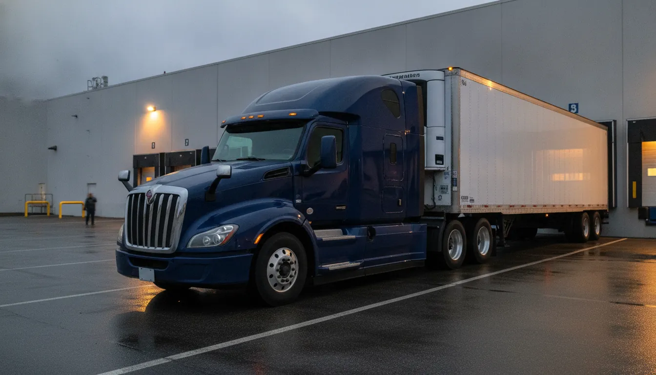 Refrigerated trailer with the reefer unit on its front wall, parked at a cold-storage dock