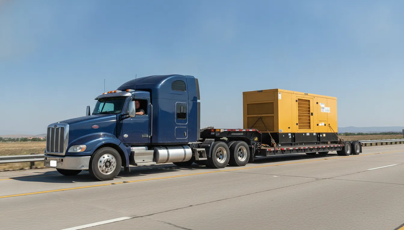 Step deck trailer hauling an industrial generator on the lower deck